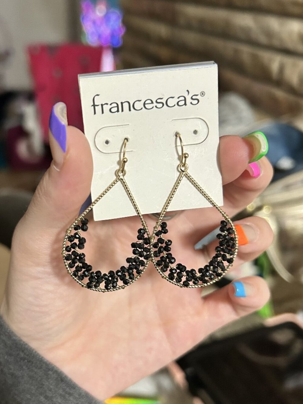 Francesca's Black Beaded Gold-Toned Teardrop Dangle Earrings